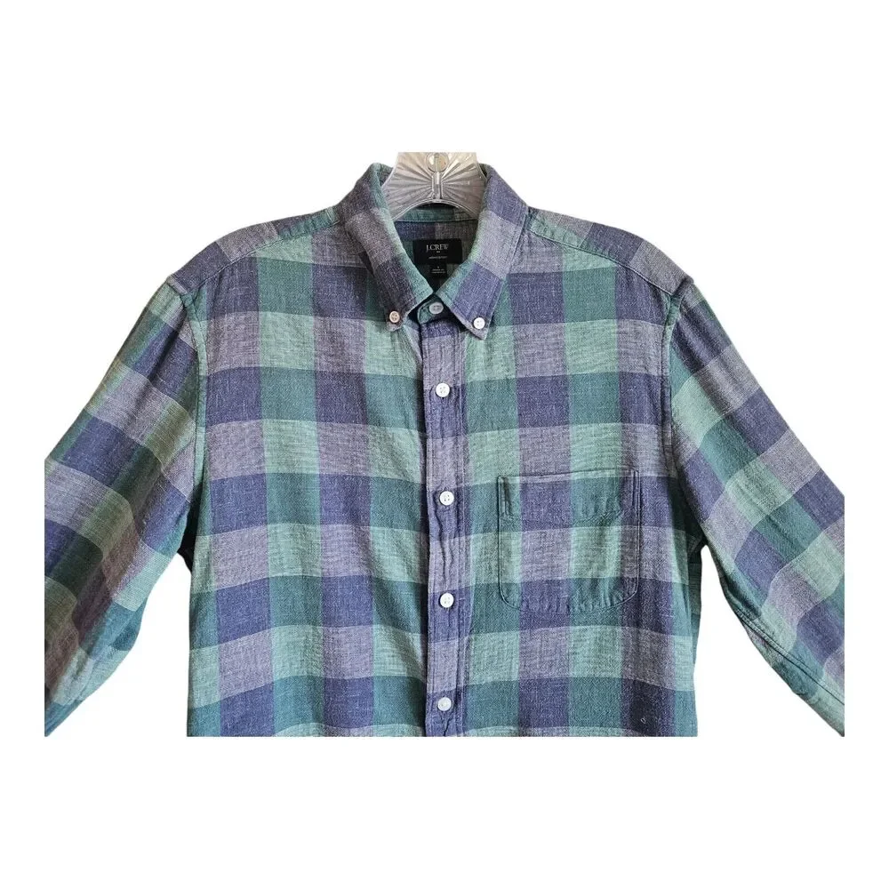 J. CREW Men's S Homespun Shirt Blue Green Check Button Up Long Sleeve Cotton